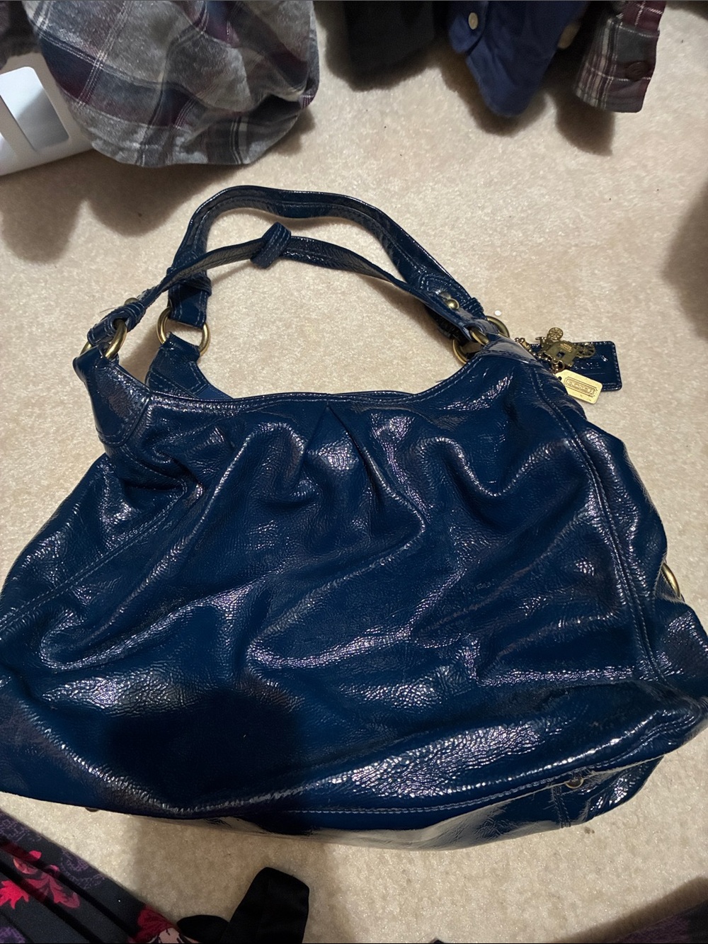 Coach Shiny Navy Leather Shoulder Bag with Gold Hardware